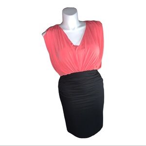 Maggy Boutique Dress 10 Coral Black Ruched Bodycon Sheath Sleeveless Cocktail